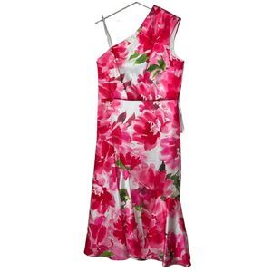 Kay Unger‎ Linnea Floral One-Shoulder Cocktail Dress Pink White Green Elegant 14